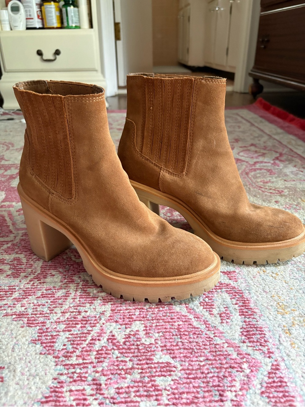 Dolce Vita Tan Suede Chunky Heel Chelsea Booties